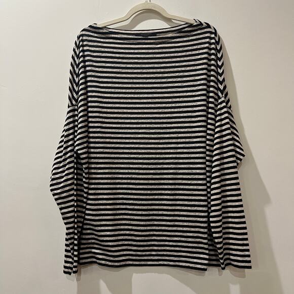 Allsaints knit cotton blend long sleeve boatneck tee small black ivory striped - Picture 1 of 7